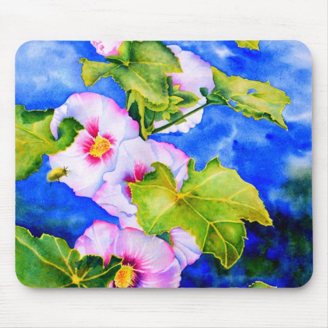 Tapis De Souris Elégante aquarelle rose fleurs florales Hollyhocks (Devant)