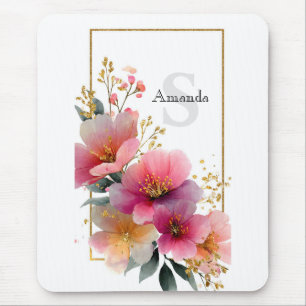Tapis De Souris Elégante aquarelle rose frontière florale avec or