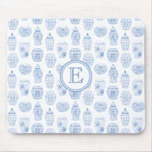 Tapis De Souris Élégante Femme Bleu Et Blanc Ginger Jar Monogramme