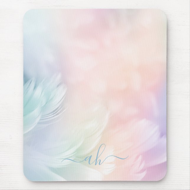 Tapis De Souris Élégante fille monogramme Pastel Plume arc-en-ciel (Devant)