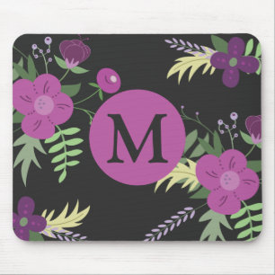 Tapis De Souris Élégante Fleurs violettes Art sur Monogramme noir