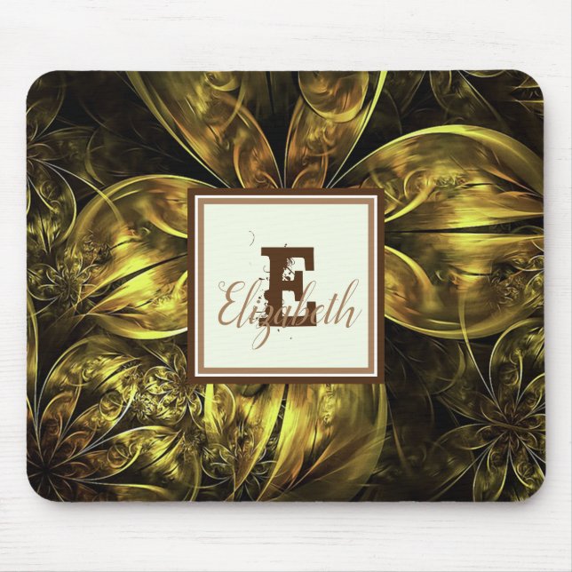 Tapis De Souris Élégantes fleurs dorées et monogramme (Devant)