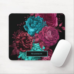 Tapis De Souris Élégantes fleurs rouge bordeaux sarcelle Monogramm