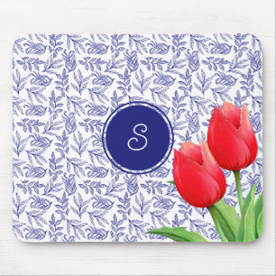 Tapis De Souris Élégantes Tulipes Rouges Printemps Floral Blue Mon