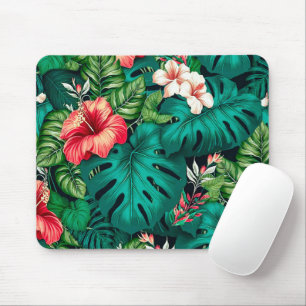Tapis De Souris Élégants Feuilles tropicaux et fleurs d'Hibiscus  