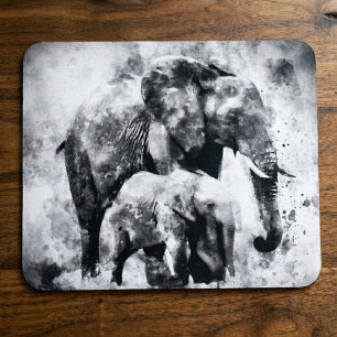 Tapis De Souris Eléphant africain avec veau noir et blanc