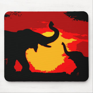 Tapis De Souris Eléphant, bébé éléphant et coucher de soleil