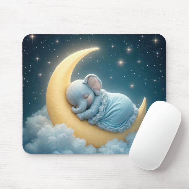 Tapis De Souris Éléphant de bébé bleu sur croissant de lune (Avec souris)