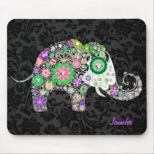 Tapis De Souris Eléphant et Diamants Floraux Retro colorés 3