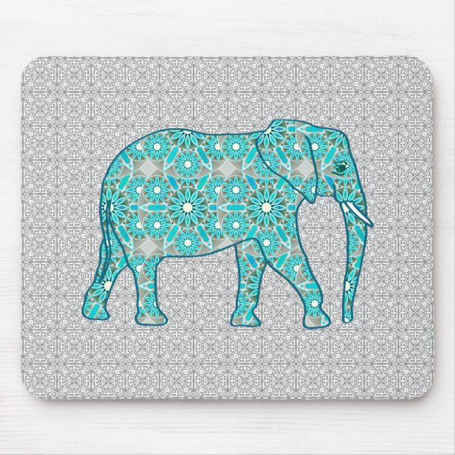 Tapis De Souris Eléphant fleur Mandala - turquoise, gris & blanc (Devant)