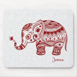 Tapis De Souris Eléphant Floral Cute En Rouge Bourgogne