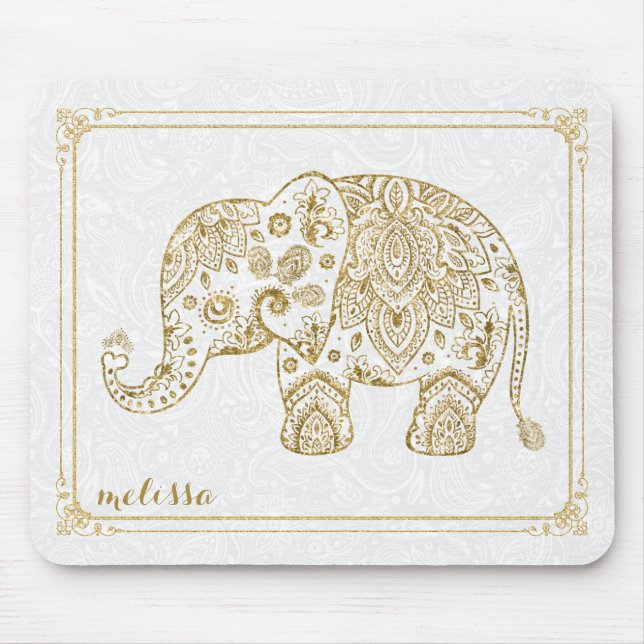 Tapis De Souris Eléphant Floral Cute & Parties scintillant Or Fram (Devant)