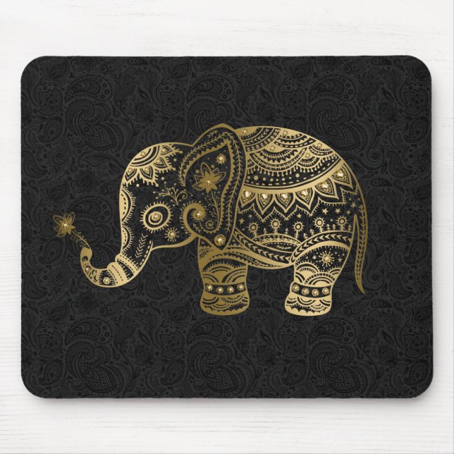 Tapis De Souris Eléphant Floral Or Arrière - plan noir (Devant)