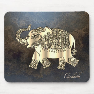 Tapis De Souris Éléphant floral paisley or, aspect cuir
