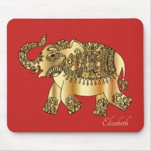 Tapis De Souris Éléphant floral Paisley or, Rouge - Personnalisé