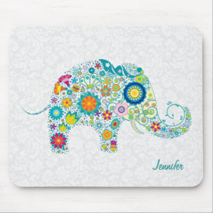 Tapis De Souris Eléphant floral rétro coloré et Damas blanches