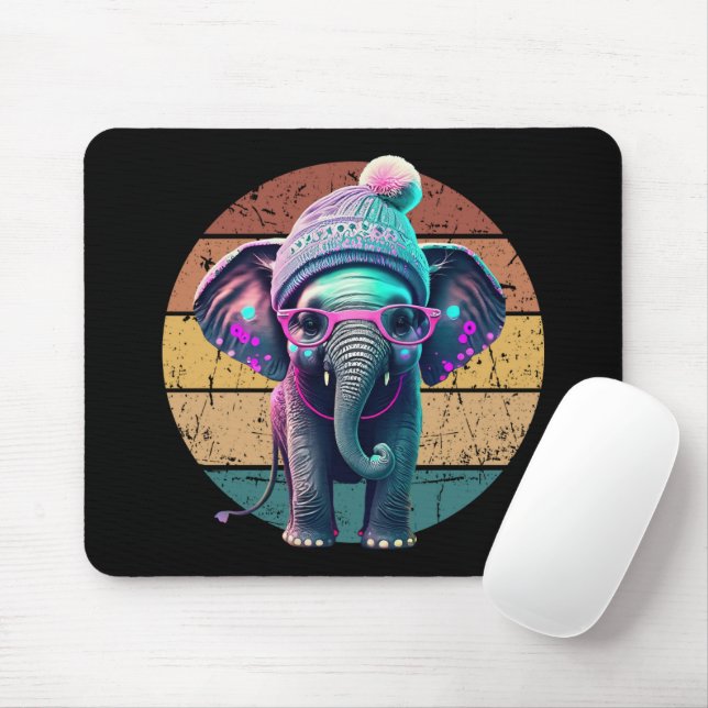 Tapis De Souris Eléphant mignon bébé avec Beanie et lunettes roses (Avec souris)