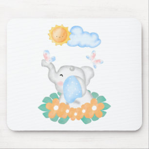 Tapis De Souris Eléphant mignon bébé avec fleurs orange Mouse Mat