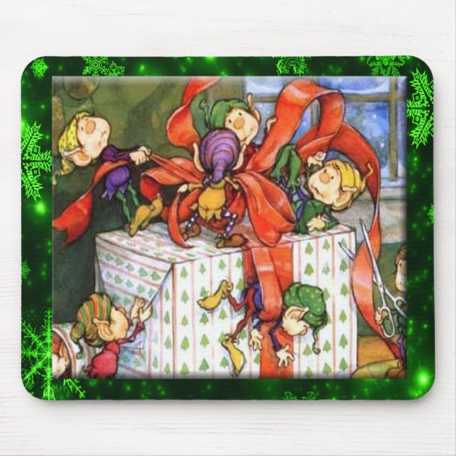 Tapis de souris Elfes joyeux emballant un cadeau (Devant)