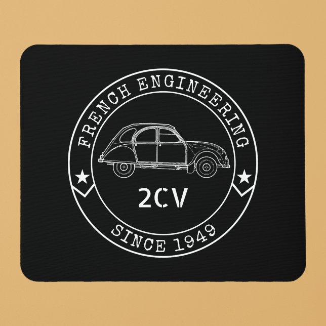 Tapis De Souris Emblème de l'Ingénierie (2CV Mouse Pad in Black with a White Badge Text Design and and Illustration of the Deux Chevaux )