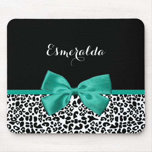 Tapis De Souris Empreinte de léopard Emerald Green Ribbon Bow Nom  (Devant)
