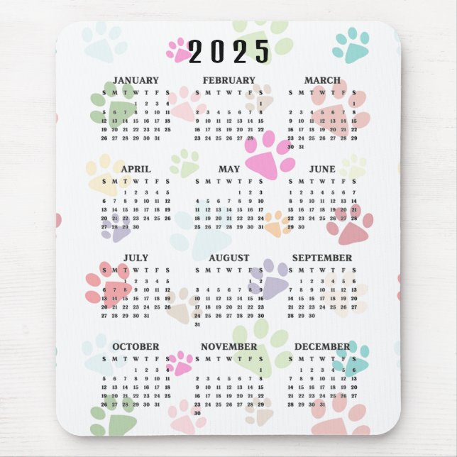 Tapis De Souris Empreintes de pattes colorés 2025 Calendrier Mouse (Devant)