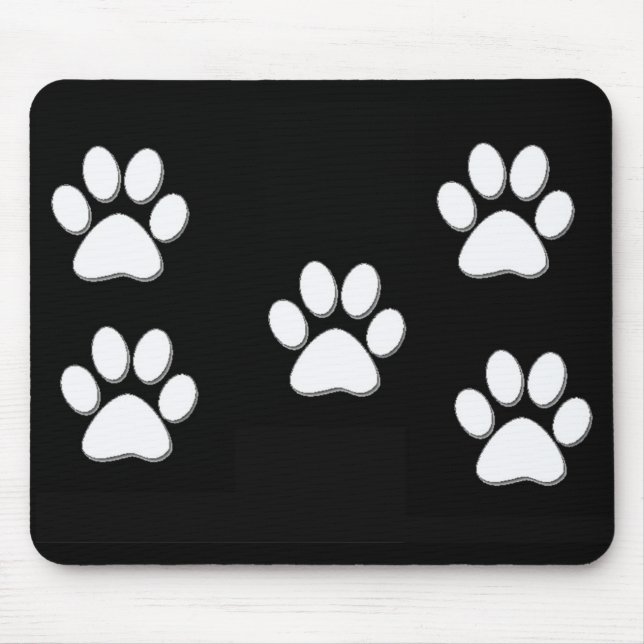 Tapis De Souris Empreintes de pattes de chiot blancs sur le noir (Devant)