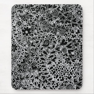 Tapis de souris en dentelle florale noir et blanc