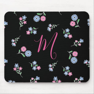 Tapis De Souris En fleur Monogramme initial Motif rose bleu