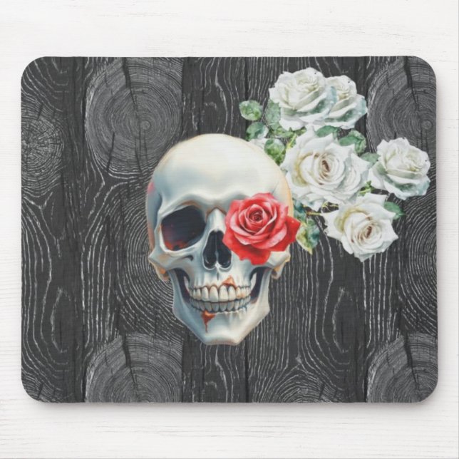 Tapis de souris en texture de bois Crâne et roses (Devant)