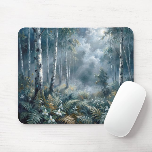 Tapis De Souris Enchanted Spring Birch Forest in Moonlight (Avec souris)
