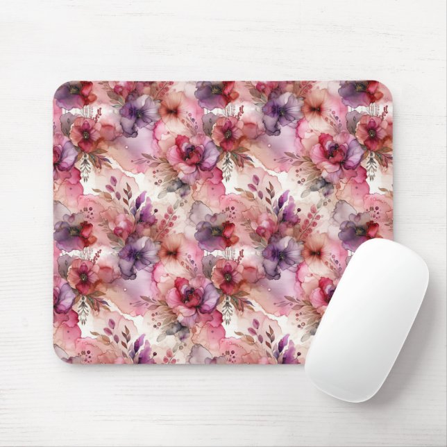 Tapis De Souris Encre d'alcool rose et violet à fleurs (Avec souris)