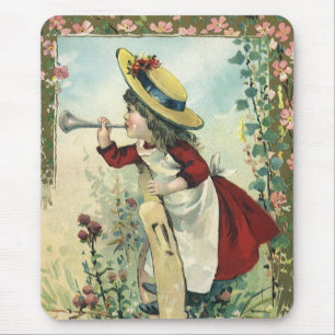 Tapis De Souris Enfant victorienne vintage, fille soufflant dans u
