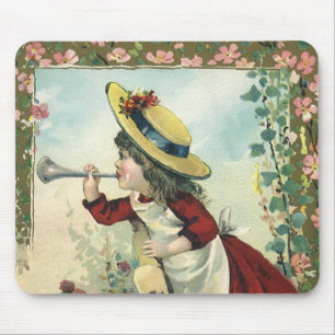 Tapis De Souris Enfant victorienne vintage, fille soufflant dans u