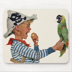 Tapis De Souris Enfant vintage, Garçon Jouant Pirate Parrot Bird