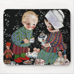 Tapis De Souris Enfants vintages ayant une tasse de thé