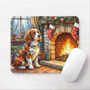 Tapis De Souris Épagneul breton cheminée avec lumières de Noël