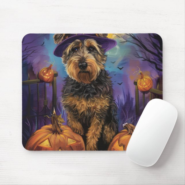 Tapis De Souris Épouvantable Airedale Sorcière d'Halloween et Citr (Avec souris)