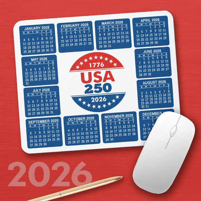 Tapis De Souris États-Unis 250 avec calendrier 2026 - Rouge Blanc  (2026 Calendar on a Mousepad)