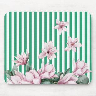 Tapis De Souris Été, printemps, imprimé magnolia rayé vert