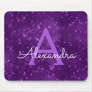 Tapis De Souris Étincelle violette Monogramme moderne Nom Mousepad
