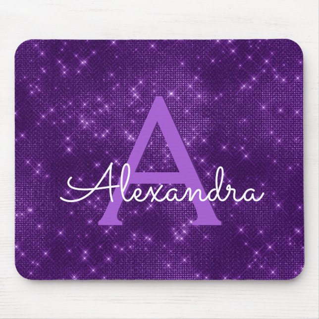 Tapis De Souris Étincelle violette Monogramme moderne Nom Mousepad (Devant)