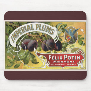 Tapis De Souris Étiquette de caisse de fruits vintage, Prunes Impé