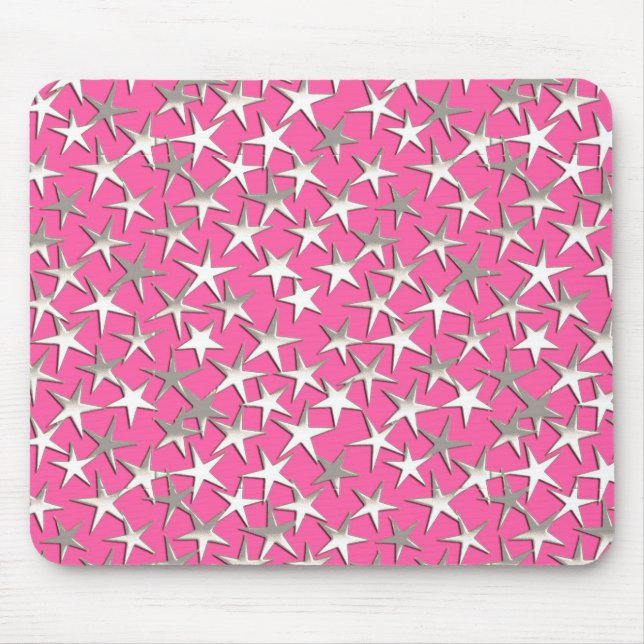 Tapis De Souris Étoiles argentées sur fond rose fuchsia (Devant)