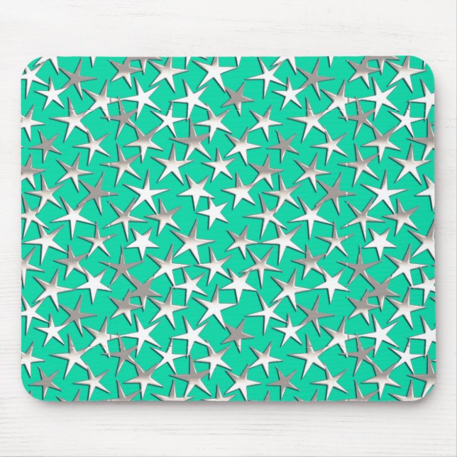 Tapis De Souris Étoiles argentées sur turquoise (Devant)