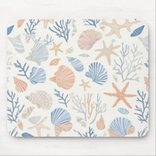 Tapis De Souris Étoiles de mer coquilles marines bleues et crème d