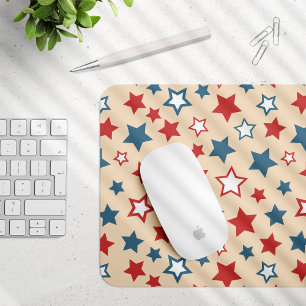 Tapis De Souris Étoiles rouges et bleues, 4 juillet, fond beige