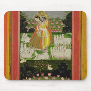 Tapis De Souris Étreinte de Radha et de Krishna dans un landscap