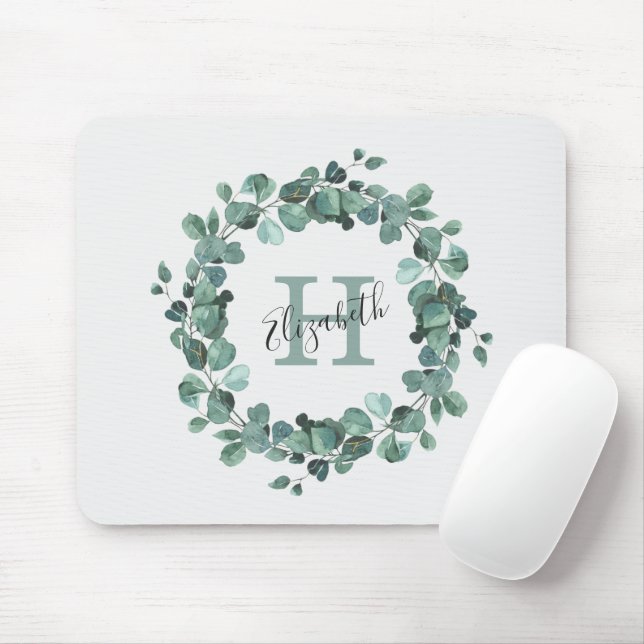 Tapis De Souris Eucalyptus Vert Monogramme Personnalisé Souris Pa (Avec souris)