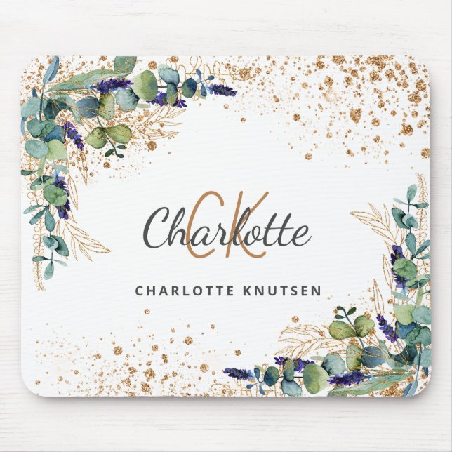 Tapis De Souris Eucalyptus vert or parties scintillant nom monogra (Devant)